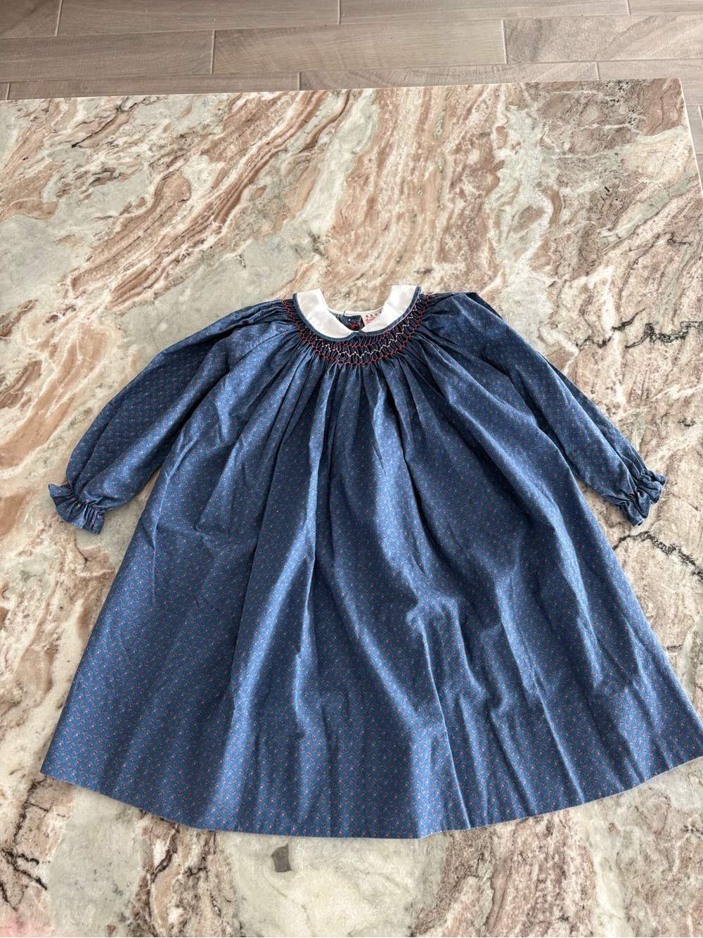 Vintage Girls The Smockery Smocked Long Sleeve Dress Size 5 Blue Fall Collar - Picture 2 of 8